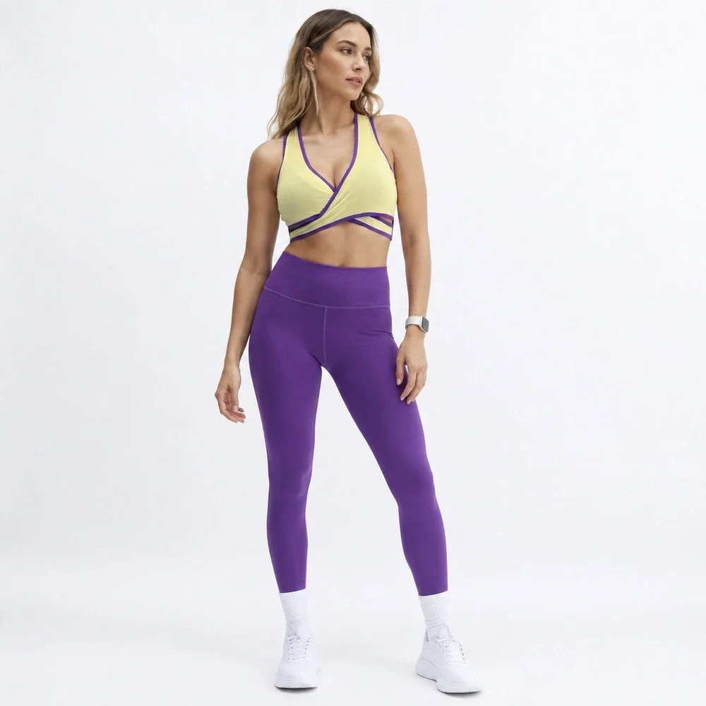 Fabletics Faye Medium Impact Sports Bra Purple Yellow Mesh Wrap L Activewear